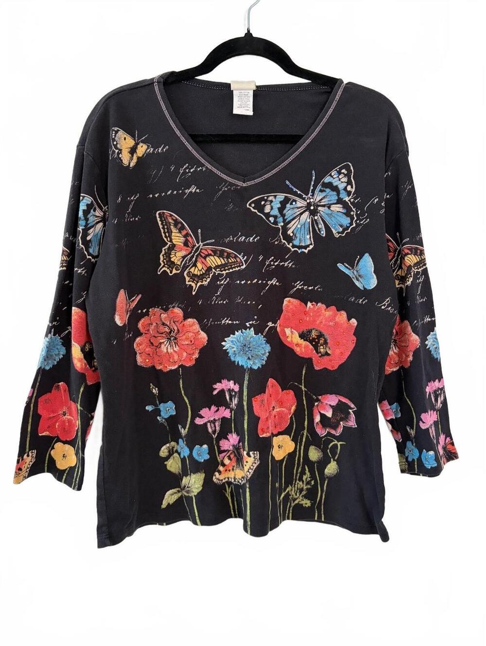 Vintage Jess & Jane Tunic Top Women's Large Black V-Neck Long Sleeve Butterfly